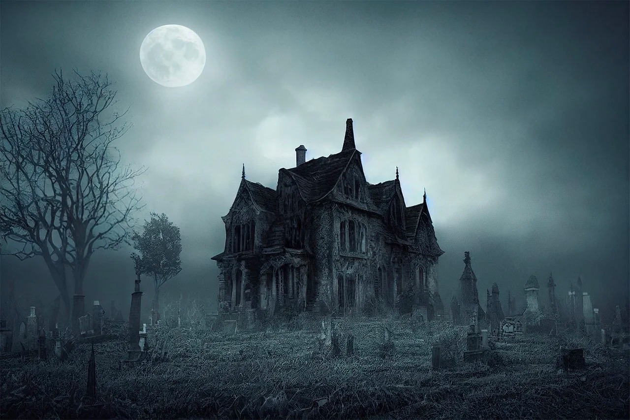 A haunted house in the middle of a graveyard